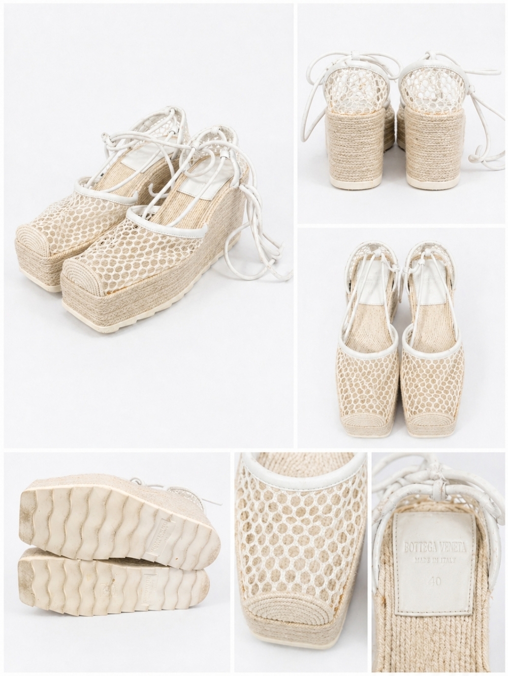 Bottega Veneta Mesh Espadrille Platform Wedge Lace-Up Cream Square Sandals Sz 40